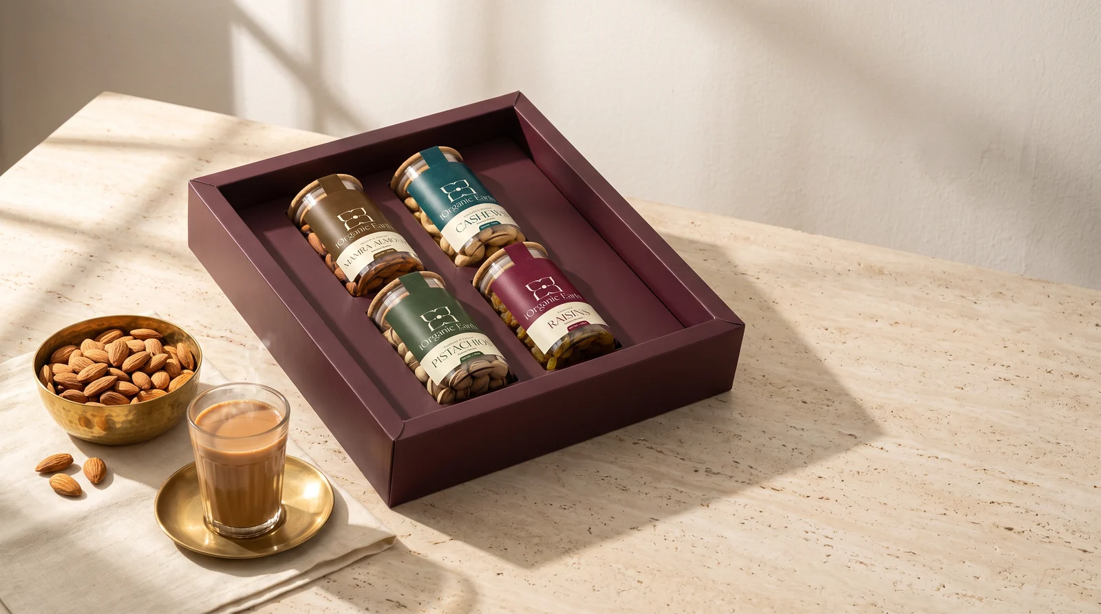 The Mayfair Mewa Box open with chai and almonds